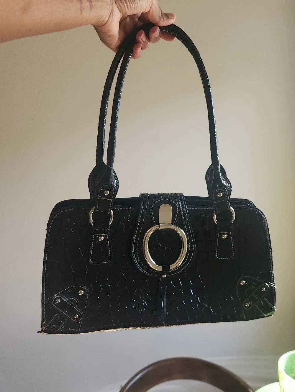 Vintage Black Croc Embossed Vinyl Satchel Handbag Silver Hardware Top Handle Pur